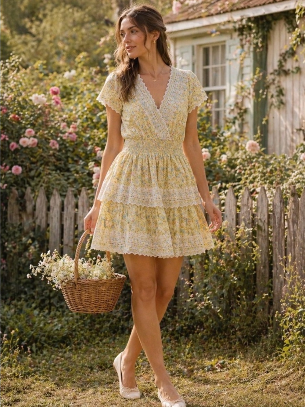 American Eagle linen blend Yellow Floral Lace Tiered Mini Dress eyelet trim